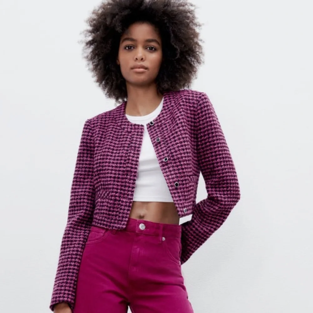 NWT Zara cropped tweed jacket |Zara houndstooth printed jacket Zara twee… - Picture 3 of 9